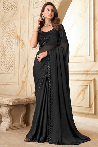 Vivacious Border Work Silk Saree In Black Color