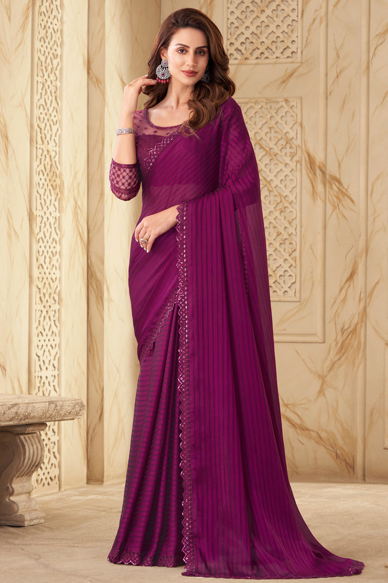 Party Style Border Work Silk Burgundy Saree