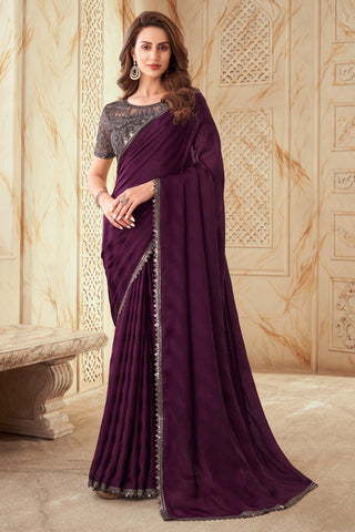 Mesmeric Wine Border Work Silk Saree