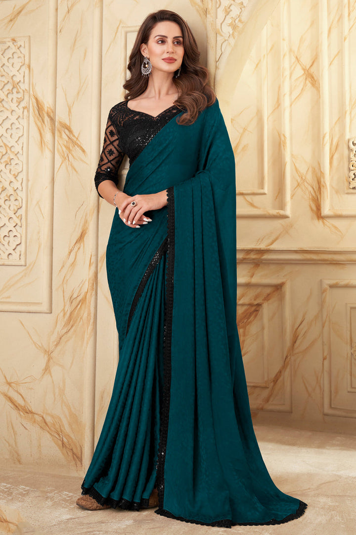 Teal Border Work Party Style Silk Saree