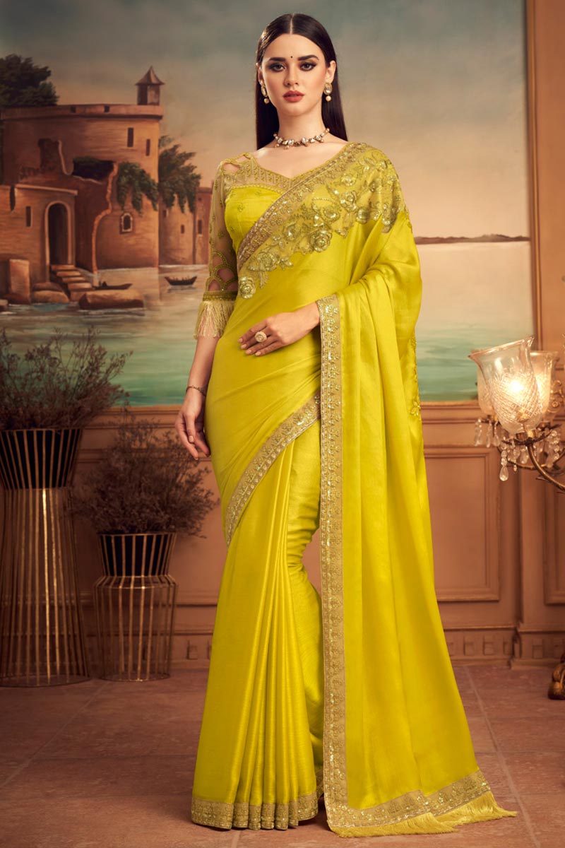 Yellow Color Art Silk Fabric Sangeet Wear Stylish Saree