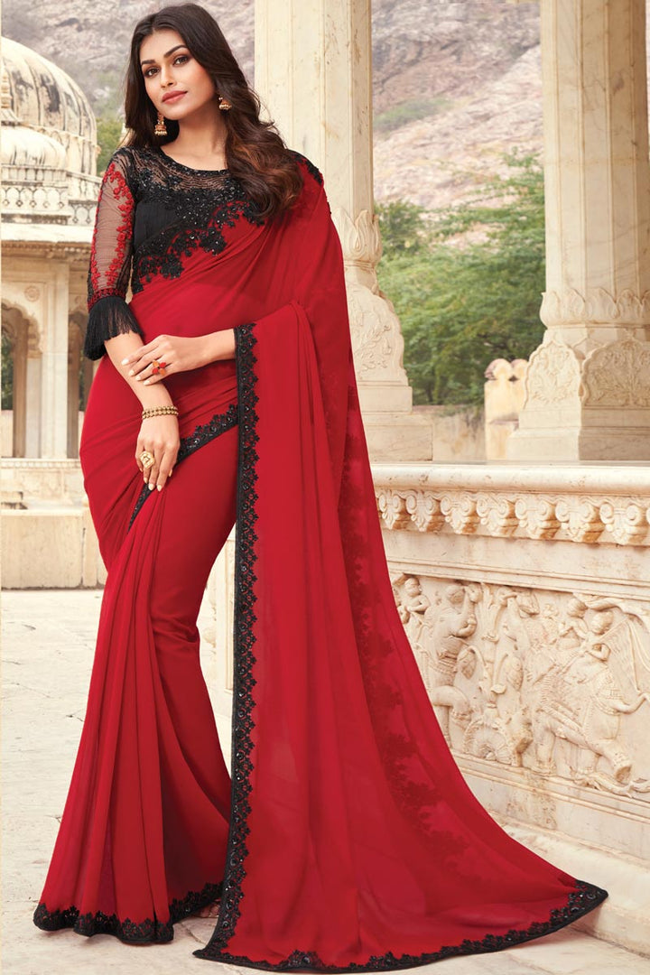 Red Color Beautiful Party Style Saree With Embroidered Blouse