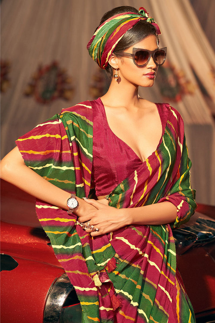 Embellished Maroon And Green Leheriya Printed Art Silk Saree