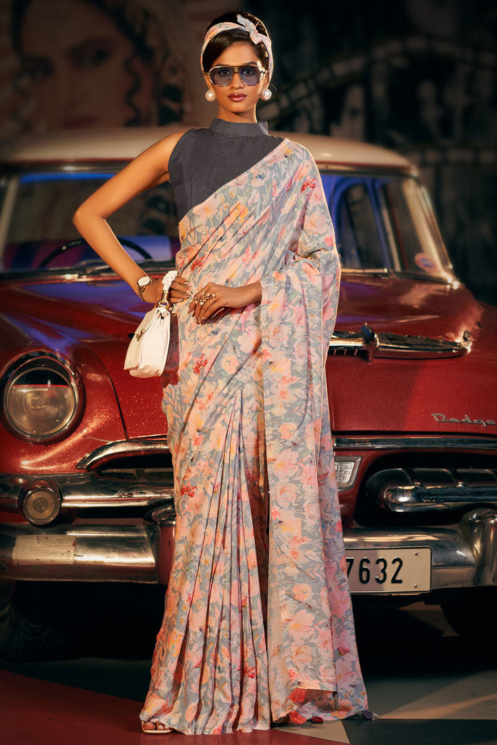 Fashionable Grey Leheriya Printed Art Silk Saree
