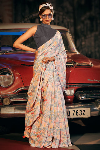 Fashionable Grey Leheriya Printed Art Silk Saree