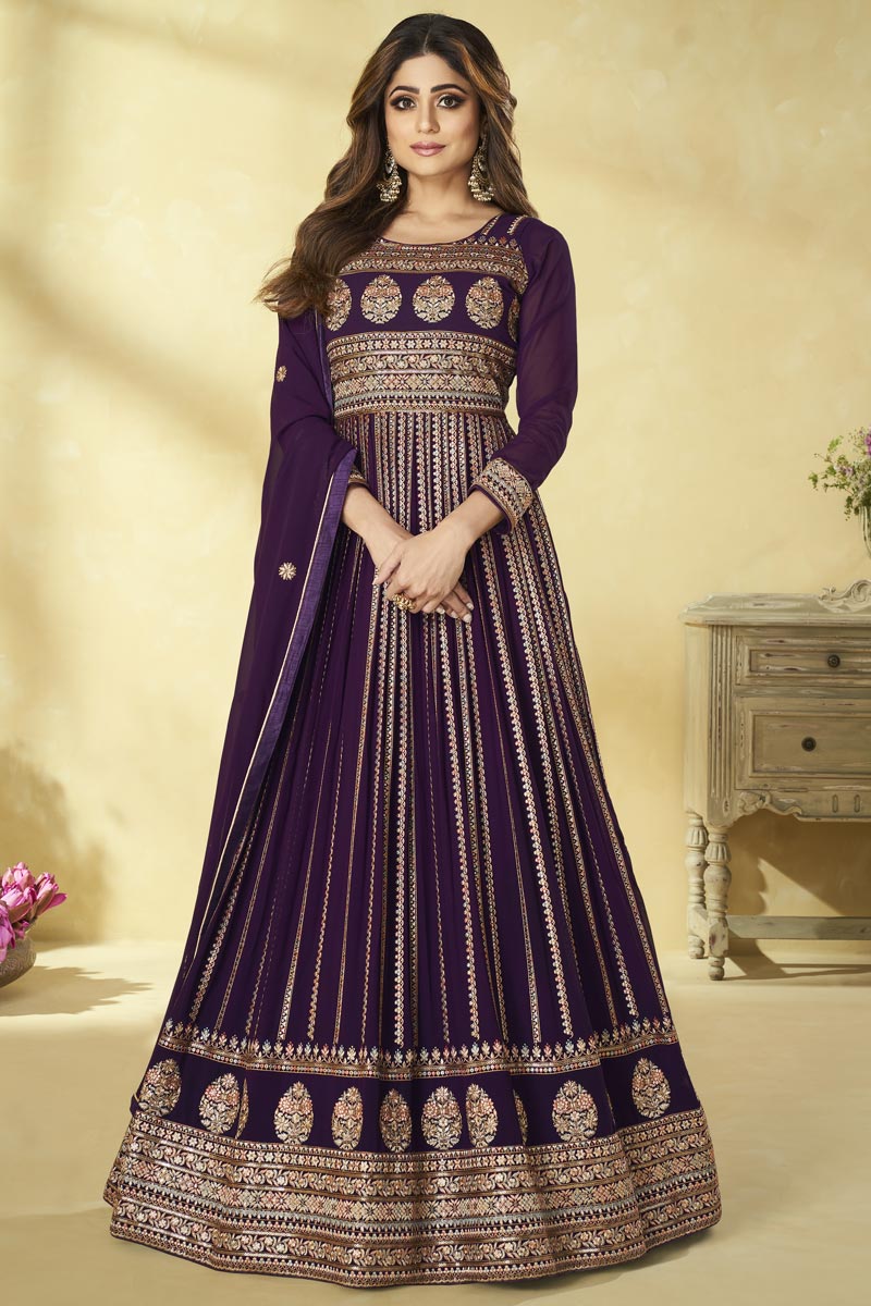 Function Wear Embroidered Georgette Fabric Anarkali Suit Featuring Shamita Shetty In Dazzling Purple Color