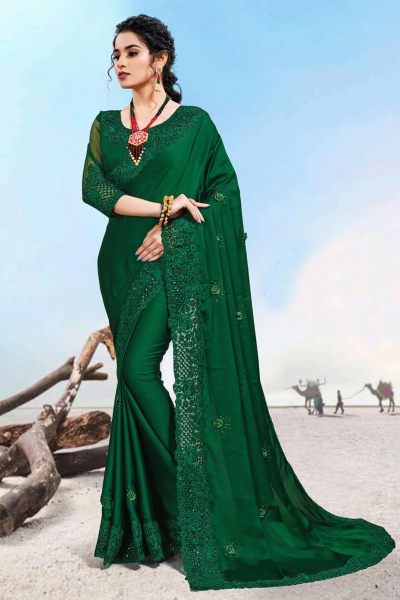 Green Color Sangeet Wear Satin Silk Fabric Embroidery Work Saree