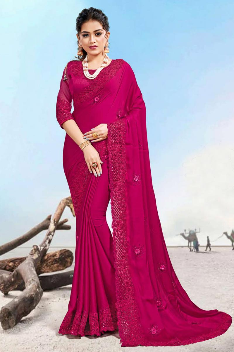 Sangeet Wear Rani Color Satin Silk Fabric Embroidery Work Saree