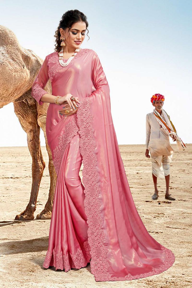 Sangeet Wear Satin Georgette Fabric Embroidery Work Saree In Pink Color
