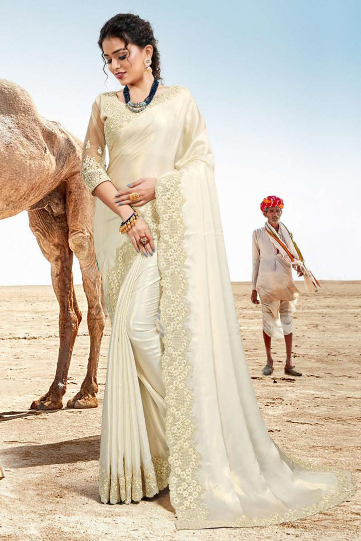 Off White Color Designer Saree In Satin Georgette Fabric