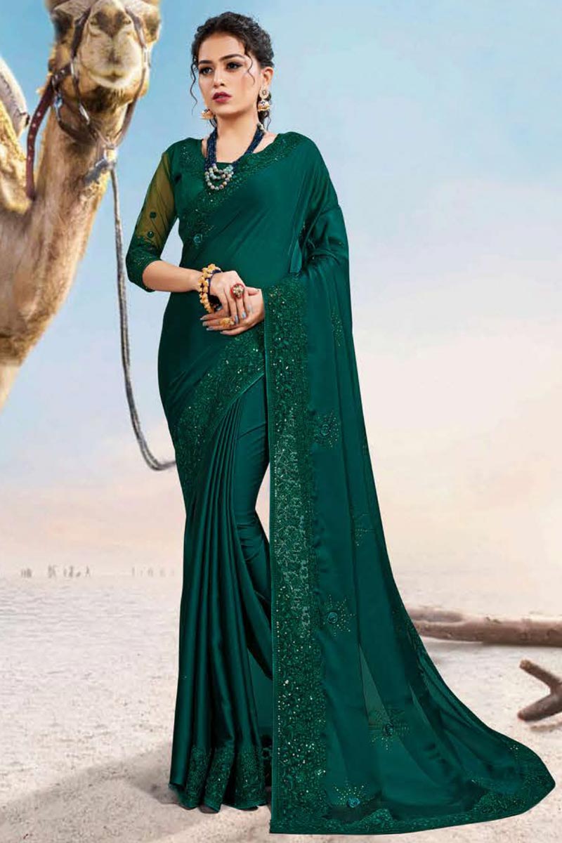 Dark Green Color Traditional Saree In Georgette Silk Fabric