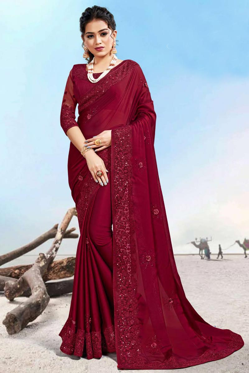 Maroon Color Party Wear Saree In Georgette Silk Fabric