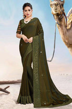 Load image into Gallery viewer, Function Wear Mehendi Green Color Saree In Satin Silk Fabric
