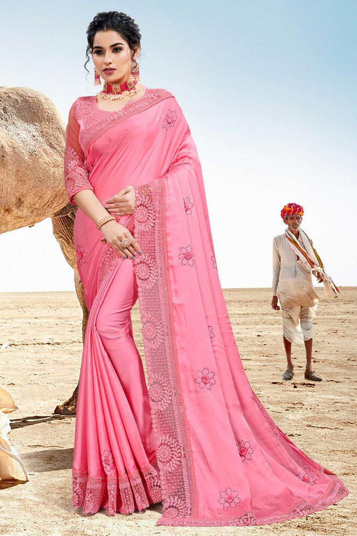 Fancy Pink Color Satin Silk Fabric Sangeet Wear Saree