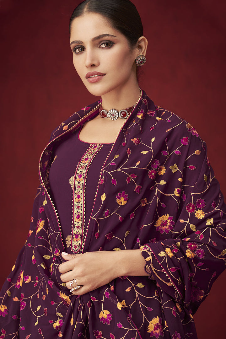 Purple Color Georgette Fabric Party Wear Palazzo Suit With Embroidered Work Featuring Vartika Singh