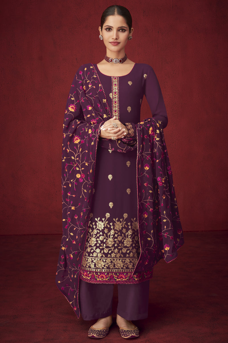 Purple Color Georgette Fabric Party Wear Palazzo Suit With Embroidered Work Featuring Vartika Singh