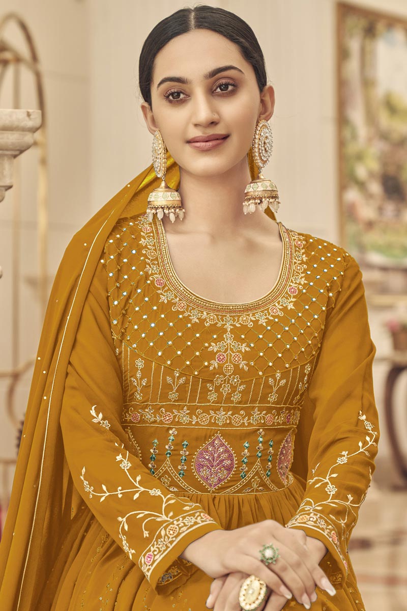 Function Wear Georgette Fabric Luminous Anarkali Suit In Mustard Color