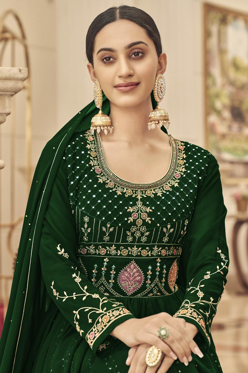 Trendy Function Wear Georgette Fabric Anarkali Suit In Dark Green Color