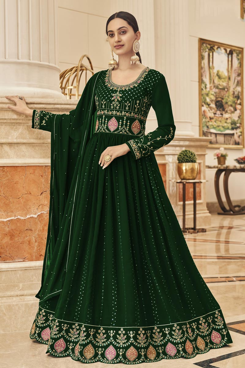 Trendy Function Wear Georgette Fabric Anarkali Suit In Dark Green Color