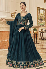 Load image into Gallery viewer, Teal Color Function Wear Blazing Anarkali Suit In Georgette Fabric

