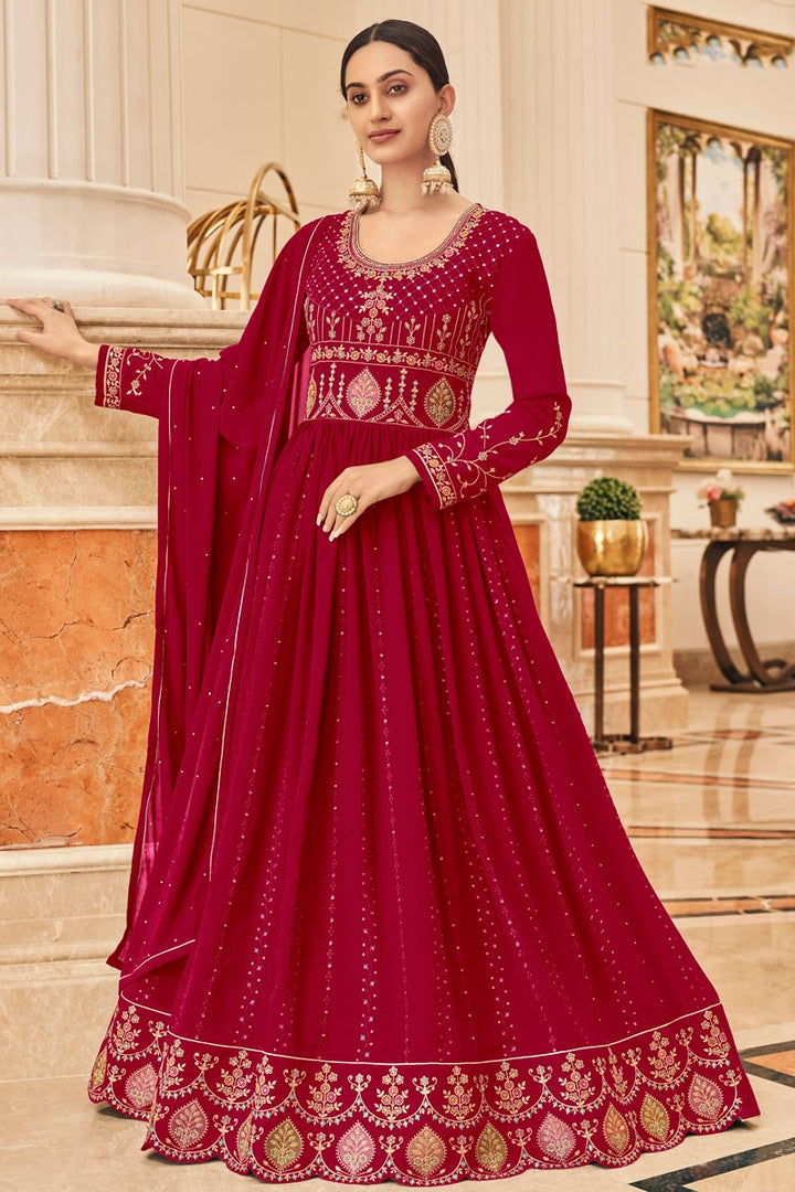 Function Wear Georgette Fabric Enticing Anarkali Suit In Red Color