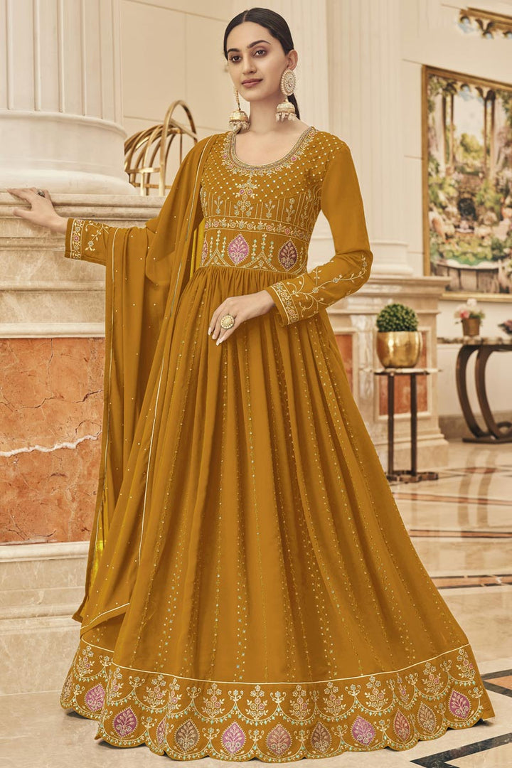 Function Wear Georgette Fabric Luminous Anarkali Suit In Mustard Color