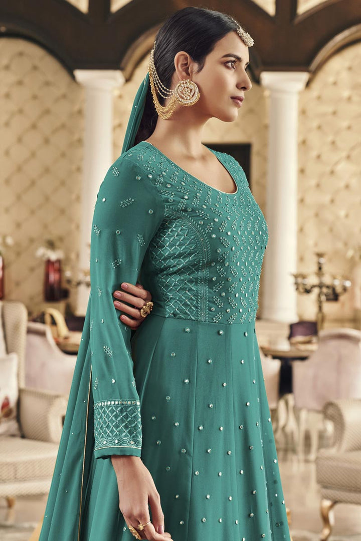 Cyan Color Georgette Fabric Pleasance Embroidered Work Anarkali Suit