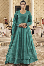 Load image into Gallery viewer, Cyan Color Georgette Fabric Pleasance Embroidered Work Anarkali Suit
