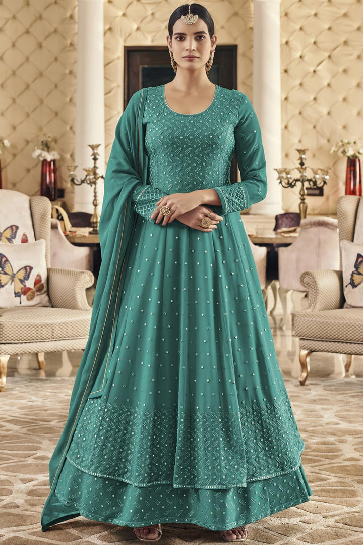 Cyan Color Georgette Fabric Pleasance Embroidered Work Anarkali Suit