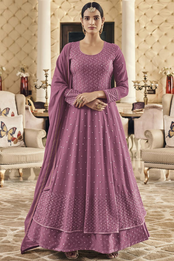 Georgette Fabric Coveted Embroidered Work Anarkali Suit In Pink Color