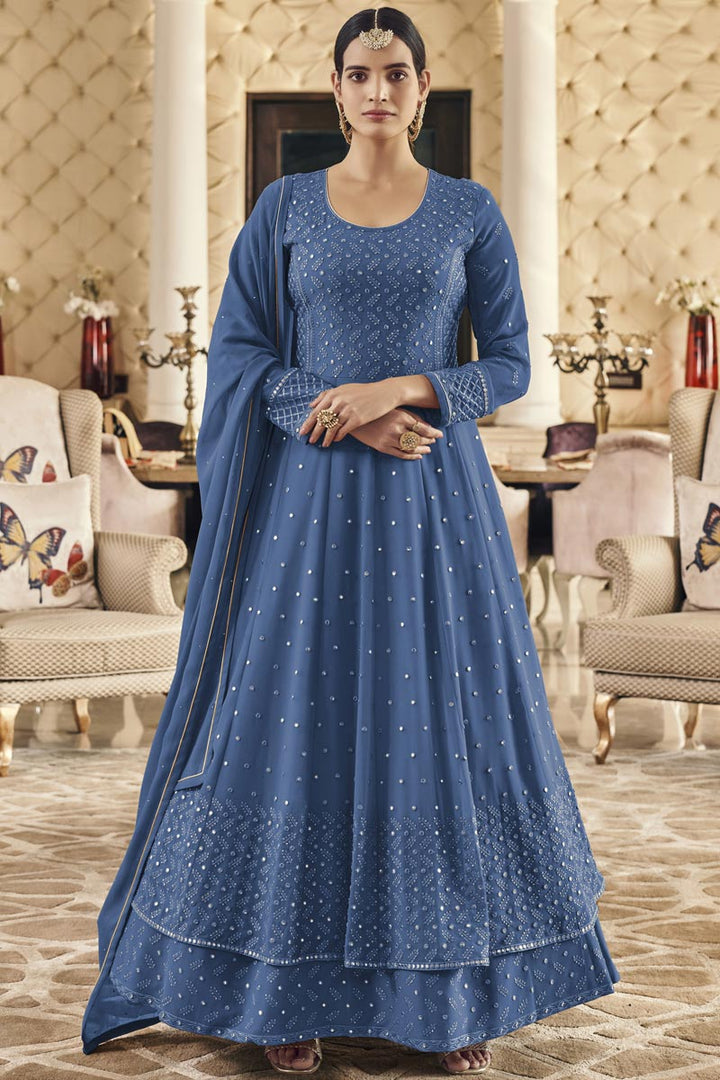 Blue Color Charismatic Embroidered Work Anarkali Suit In Georgette Fabric