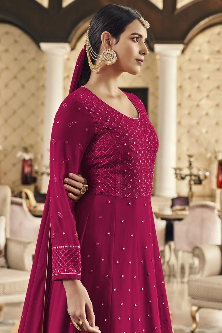Ravishing Georgette Fabric Wine Color Embroidered Work Anarkali Suit