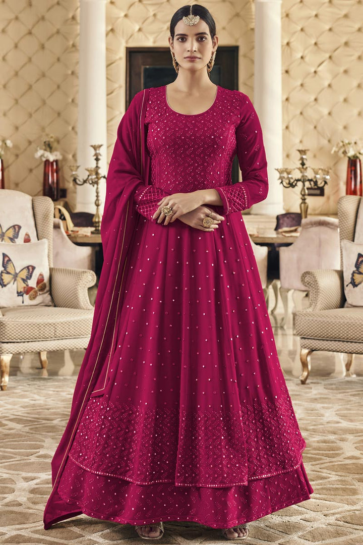 Ravishing Georgette Fabric Wine Color Embroidered Work Anarkali Suit