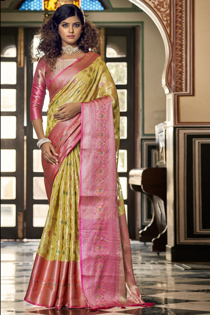 Yellow Color Organza Fabric Festive Style Appealing Saree
