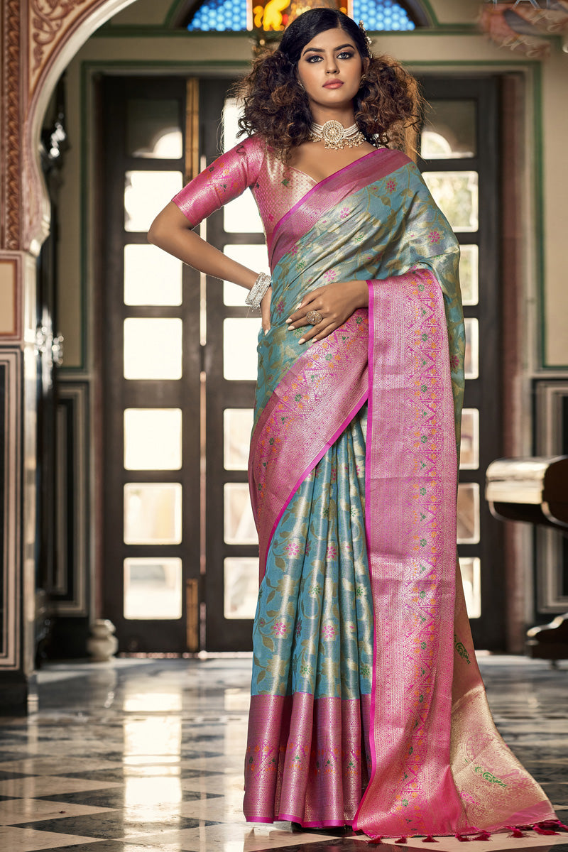 Organza Fabric Festive Style Wonderful Saree In Sky Blue Color