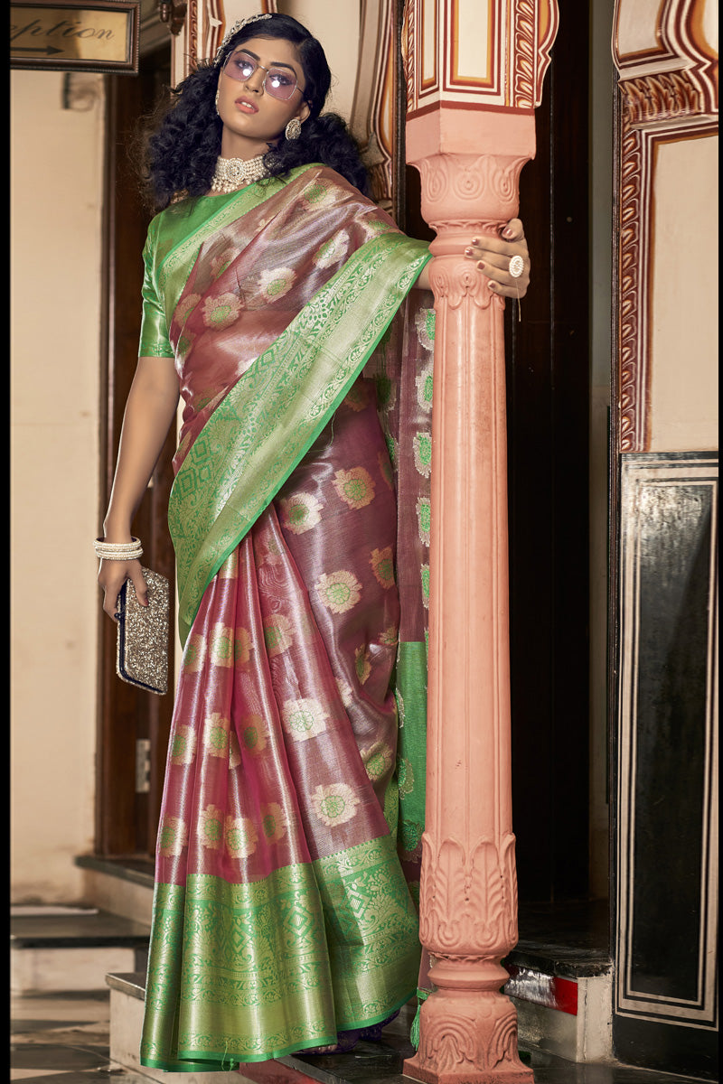 Organza Fabric Red Color Festive Style Fantastic Saree