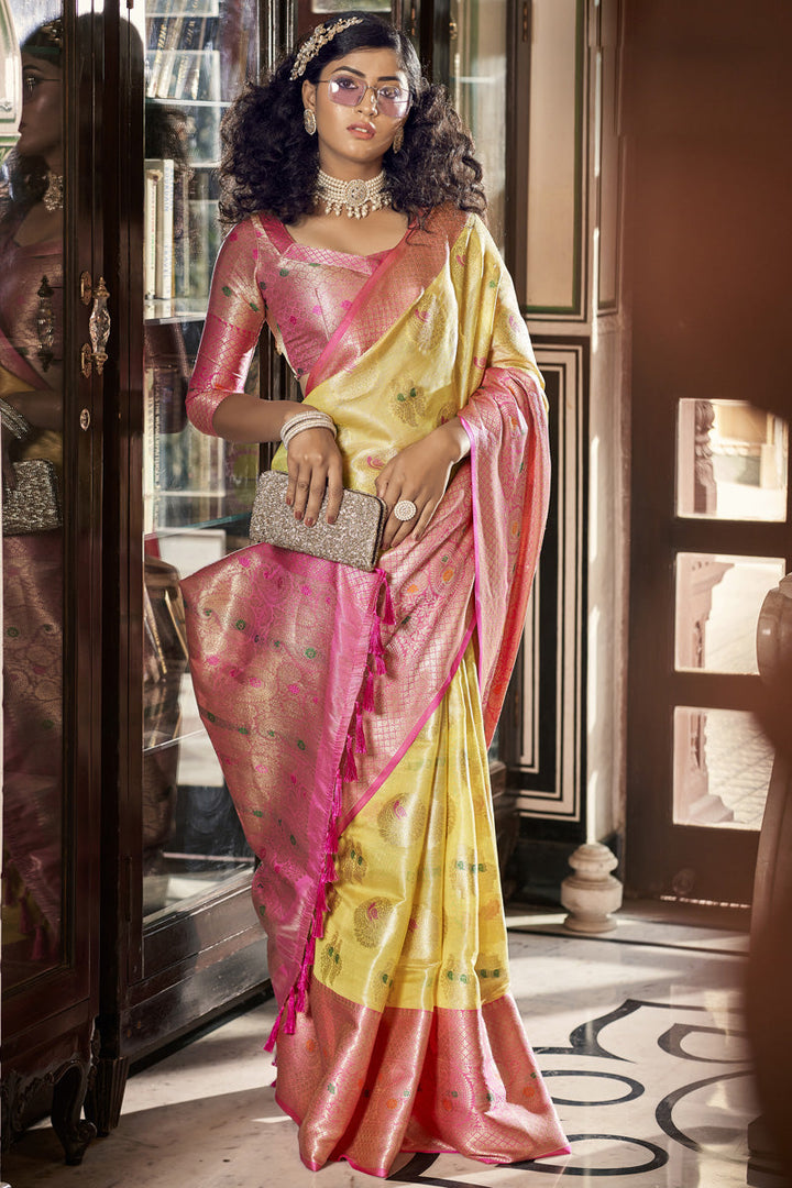 Organza Fabric Festive Style Awesome Saree In Yellow Color
