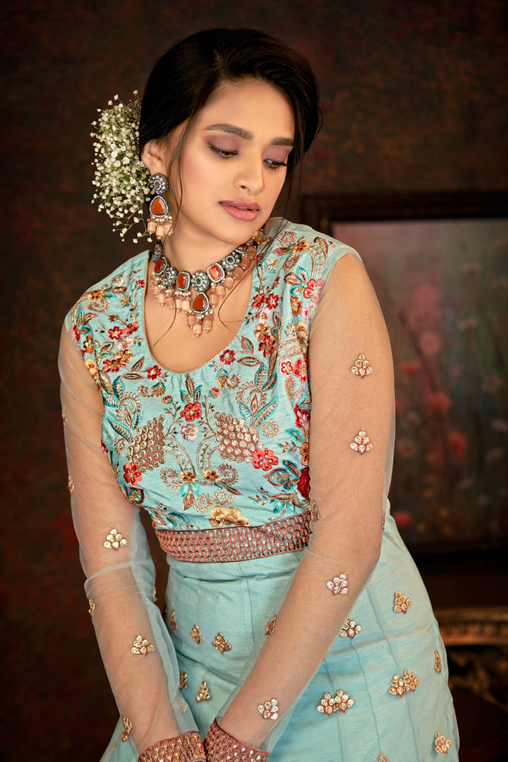 Stylish Heavy Net Fabric Anarkali Suit In Cyan Color