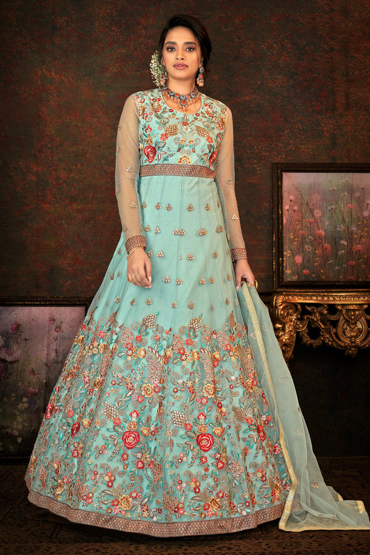 Stylish Heavy Net Fabric Anarkali Suit In Cyan Color
