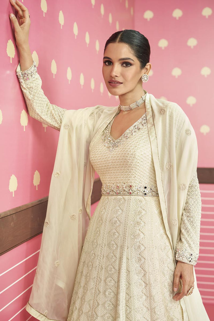 Georgette Fabric Off White Color Attractive Vartika Sing Anarkali Suit
