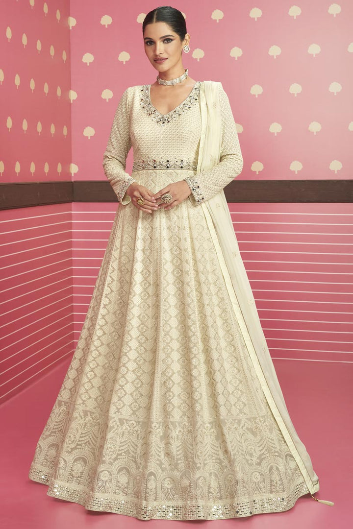 Georgette Fabric Off White Color Attractive Vartika Sing Anarkali Suit