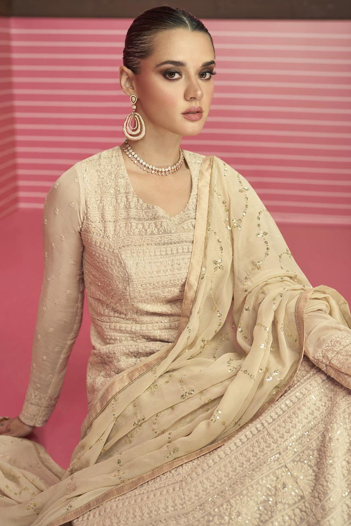 Cream Color Georgette Fabric Alluring Embroidered Anarkali Suit