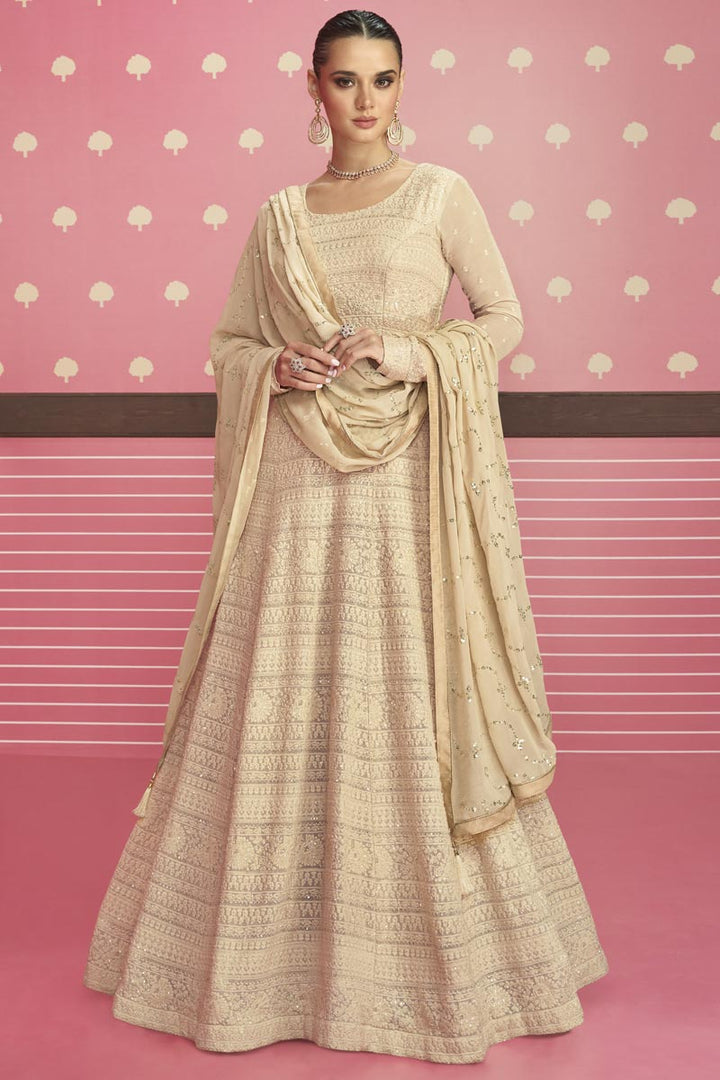 Cream Color Georgette Fabric Alluring Embroidered Anarkali Suit
