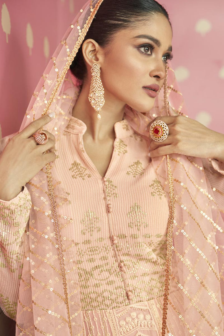 Peach Color Georgette Fabric Beautiful Embroidered Anarkali Suit