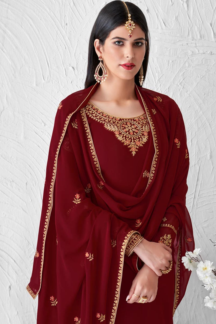 Maroon Color Party Style Fancy Embroidered Georgette Fabric Palazzo Suit