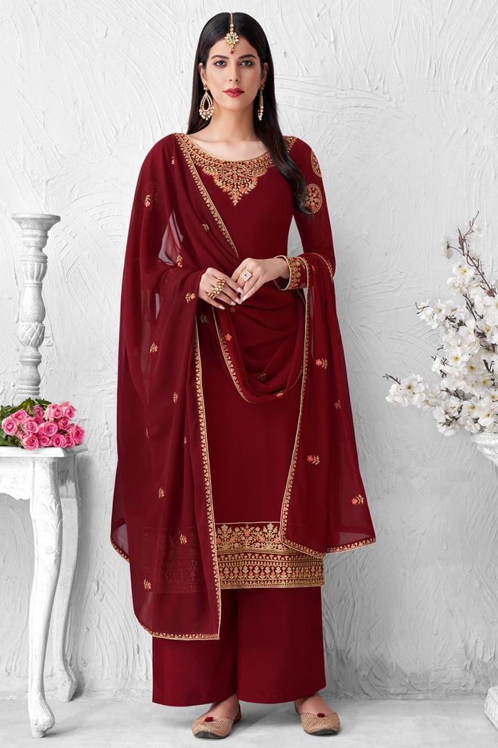Maroon Color Party Style Fancy Embroidered Georgette Fabric Palazzo Suit