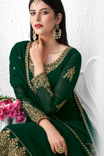 Load image into Gallery viewer, Georgette Fabric Party Style Dark Green Color Fancy Embroidered Palazzo Suit