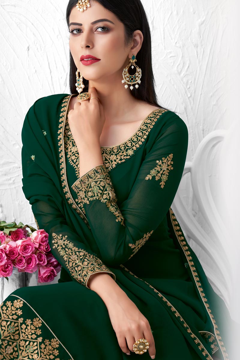 Georgette Fabric Party Style Dark Green Color Fancy Embroidered Palazzo Suit