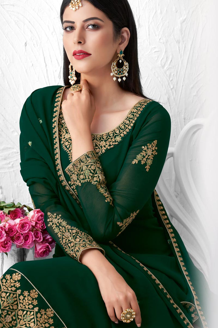 Georgette Fabric Party Style Dark Green Color Fancy Embroidered Palazzo Suit