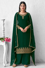 Load image into Gallery viewer, Georgette Fabric Party Style Dark Green Color Fancy Embroidered Palazzo Suit